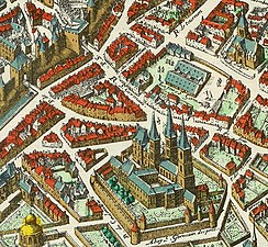 The Abbey of Saint-Germain-des-Prés as depicted on the 1615 Merian map of Paris. The wall of Philip II Augustus is visible at the upper left.