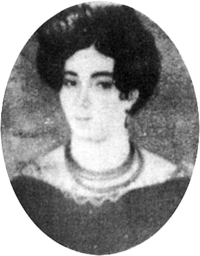 Miniature portrait of a young, dark-haired lady wearing a lace-trimmed dress and necklace
