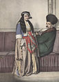 A hand-coloured lithograph by Louis Dupré in his travel book, Voyage à Athènes et à Constantinople. Depicted here are an Armenian prince and his Turkish wife.