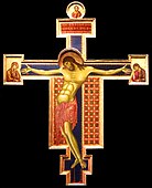 Crucifix; by Cimabue; circa 1285; tempera on panel; 4.29 x 3.83 m; San Domenico (Arezzo, Italy)[32]
