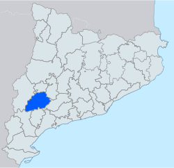Location of Les Garrigues (in blue) within Catalonia