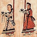 Goguryeo servants wearing a Chima (skirt) and a long jeogori jacket, Goguryeo mural paintings in Jilin province, China, 5th-century AD.