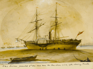 HMS Hermes grounded 5 December 1853 near Hu-tan-shan river, after chasing Pirates 1853