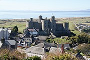 Aerial view of the castle and the village of Harlech