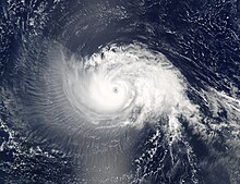 A picture showing the vast shield of cirrus clouds accompanying Hurricane Isabel in 2003