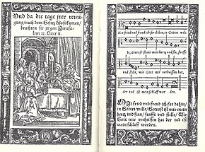 two pages from a historic hymnal from 1548, on the left page an illustration of the Presentation of Jesus at the Temple with a header, on the right page the sheet music of the tune with the text of the first stanza under the notes and also below