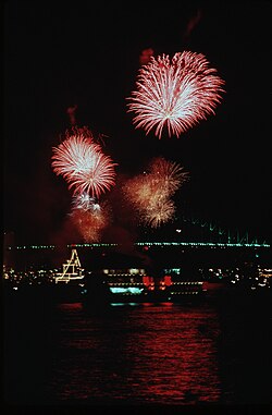 Fireworks over Sydney Harbour marking the end of Australia Day 1988, which included a re-enactment of the First Fleet sailing into the harbour. Preparations for the News at Six's coverage of the events was a pivotal narrative during the second series.