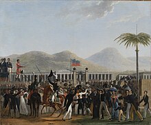 A painting of a crowded scene. Haitian civilians and soldiers cheer for President Boyer, who is on a stage. The palace is in the background.