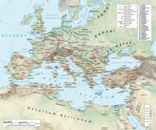 A physical map of Europe under Emperor Hadrian with the borders of Rome in red