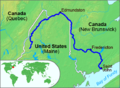 The Saint John River with the New Brunswick–Maine border and the location of Edmundston.