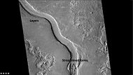 Context for next image of layers along Hrad Vallis, as seen by CTX. Photo labeled with layers, streamlined forms, and arrow indicating direction water flowed.