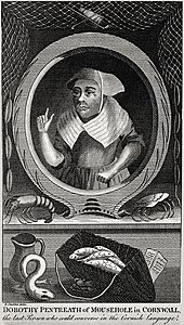 Dolly Pentreath (a Cornish fish jowster), in an engraved portrait published in 1781