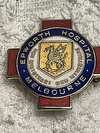 General Nursing Badge awarded to graduates of the Epworth Hospital General Nursing School (1924–1988). This particular design features a wyvern and the motto Non ministrari sed ministrare (not to be served but to serve). The design was adopted for use by nursing training schools established by the Methodist Church in Adelaide (Memorial Hospital) and Sydney (Waverly War Memorial Hospital).[23][24]