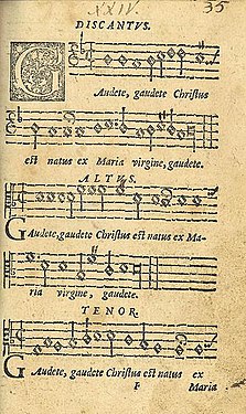 The first page of "Gaudete" (Latin for "rejoice"), a sacred Christmas carol published in Piae Cantiones (1582). This songbook had mostly religious songs, some which were mixed language with both Latin and Swedish.[a]