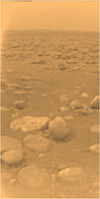 Pebbles on Titan's surface, photographed from a height of about 85 cm by the Huygens spacecraft