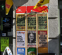 Newspaper leaflets in Sweden, 31 July 2007. The middle one reads "Ingmar Bergman is dead".