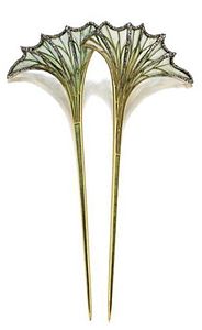 Enamel Fan-shaped leaf pins with small rose-cut diamonds in the veins by Louis Aucoc (c. 1900),