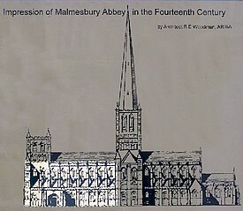 The Abbey in the 14th century: only the brightened area is now used, following collapses of the spire and west tower