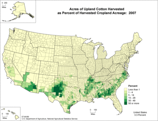 Upland cotton acres harvested as percentage of each county's harvested cropland acreage, 2007 (Agricultural Atlas of the U.S.)