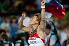 Mariya Abakumova improved the championship and Russian record in javelin.