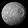 Image 20 Mimas (moon) Photo: NASA/JPL/SSI Saturn's moon Mimas, as imaged by the Cassini spacecraft. It was discovered on 17 September 1789 by English astronomer William Herschel, and was named after Mimas, a son of Gaia in Greek mythology, by Herschel's son John. The large Herschel Crater is the dominating feature of the moon. With a diameter of 396 km (246 mi), it is the smallest astronomical body that is known to be rounded due to self-gravitation. More selected pictures