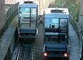 Two the funicular cars as they each reach the passing loop