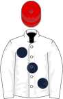White, large dark blue spots, red cap