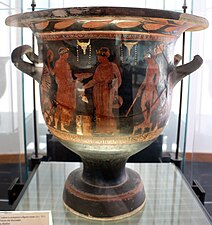 Ancient Greek bucrania on a bell krater from Rudiae with an offering scene, by the Bucranium Painter, c.375–350 BC, ceramic, Museo archeologico Sigismondo Castromediano, Lecce, Italy