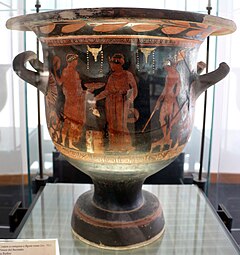 Ancient Greek bucrania on a bell krater from Rudiae with an offering scene, by the Bucranium Painter, c.375-350 BC, ceramic, Museo archeologico Sigismondo Castromediano, Lecce, Italy