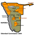 Allocation of land to Bantustans according to the Odendaal Plan, with grey being the Etosha National Park
