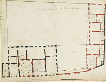 Project of 1709, first-floor plans for the main buildings (south at the top)