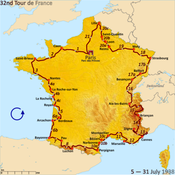 Route of the 1938 Tour de France followed counterclockwise, starting in Paris