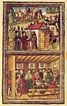 Illustration der Ereignisse anlässlich der Tagsatzung von Stans in der Luzerner Chronik von 1513