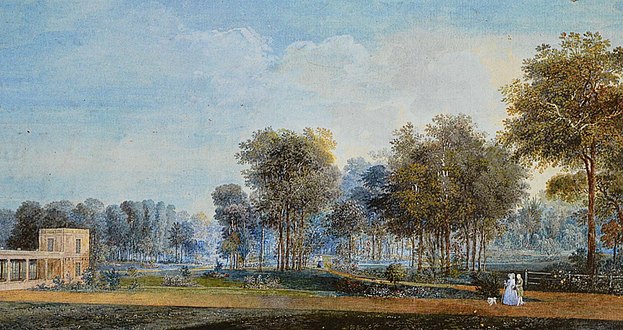 View to the east with the Bathing Pavilion and the edge of the jardin anglo-chinois (painting by Louis-Nicolas Van Blarenberghe)