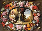 Juan van der Hamen y León: Blumengirlande mit Vision des Heiligen Antonius, ca. 1620er, Öl auf Kupfer, 45,7 × 62,2 cm, Meadows Museum (Southern Methodist University), Dallas