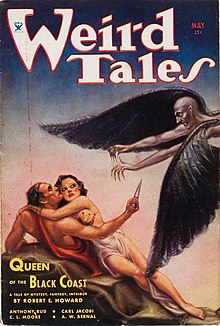 Woman clutches a man using a knife to fend off a winged humanoid monster