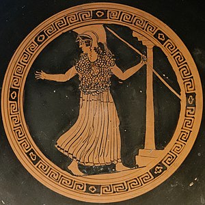 Attic red-figure kylix of Athena Promachos holding a spear and standing beside a Doric column (c. 500-490 BC)