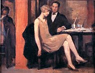 A painting showing the mid-decade silhouette at its simplest: languid pose, bobbed hair, knee-length dress with dropped waist, 1926.