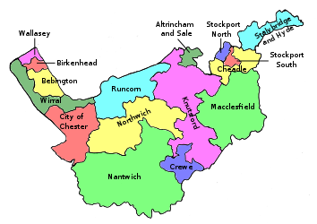 Map of parliamentary constituencies in Cheshire 1955-1974