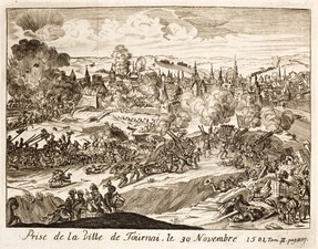 Siege and capture of Tournai, 1581. Cannons firing. Town with fortifications, gate and churches. Transport of cannons on their carriages. Clouds of smoke. Explosion.
