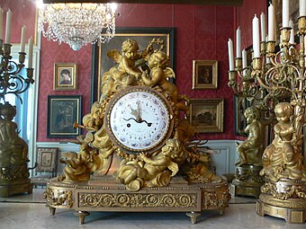 Second Empire style (Louis XVI Revival style) clock, unknown sculptor, dial and mechanism by Ferdinand Berthoud, c. 1860, gilt bronze, Château de Compiègne, France