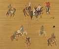 Kublai Khan, Empress Chabi, and his men going for hunt are all wearing Mongolian-style attire, which is distinct from Han Chinese clothing, Yuan dynasty by Liu Guandao, c. 1280.