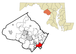 Location of Silver Spring in Montgomery County, Maryland (left) and of Montgomery County in Maryland (right)