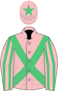 Pink, emerald green cross belts, pink and emerald green striped sleeves, pink cap, emerald green star