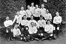 The 1889 Oxford University Rugby union Varsity Match team, Back Row (L-R): L.J.Percival, W.E.Bromet, E.H.G.North, P.C.Cochran, R.S.Hunter. Sitting: J.H.G.Wilson, R.F.G. de Winton, C.J.N.Fleming, R.O.B.Lane, R.T.D.Budworth, A.M.Paterson, A.R.Kay. On Ground: P.R.Clauss, R.G.T.Coventry, J.S.Longdon.