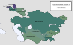 The proposed Reichskommisariat Turkestan in green, with the possible inclusions in blue (Mari El and Udmurtia)