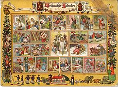 Advent calendar from Im Lande des Christkinds. The doors contain Christmas poems. Images, from a cut-out sheet, were pasted over them.