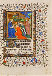 Gothic rinceau on a page with the adoration of the magi from an illuminated manuscript, 1415-1420, tempera colors, gold paint, gold leaf, and ink on parchment, Getty Center, Los Angeles