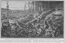 Monochrome image on newsprint type paper. Pen and charcoal sketch of helmeted British soldiers in lower right, aiming weapons both backwards and forwards. Some figures aiming towards advancing German figures in distance, advancing across destroyed vegetation