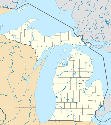 Map of Michigan with National Historic Landmarks named and marked by a dot